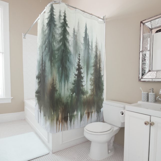 Rideaux De Douche Arbres à l'aquarelle Rustique Wilderness  (En situation)