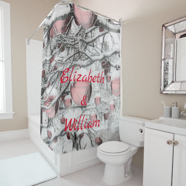 Rideaux De Douche Arbres à neige vintages avec ornements en dessin (En situation)