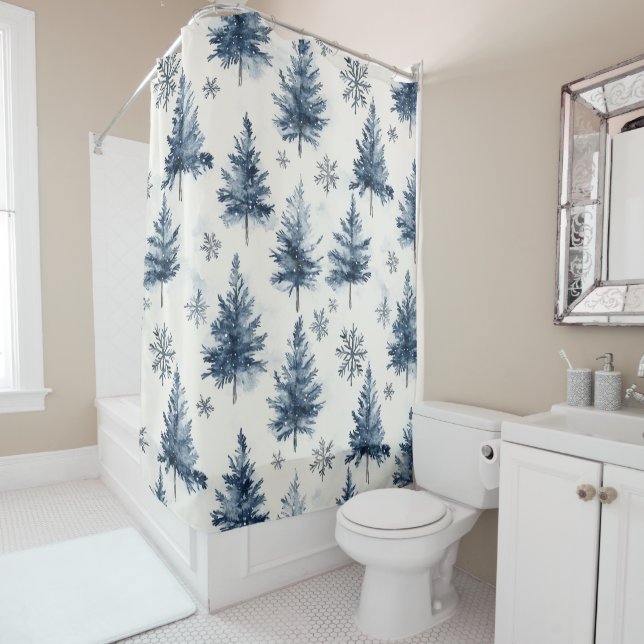 Rideaux De Douche Arbres de Noël Flocons de Neige Bleus Blancs (En situation)