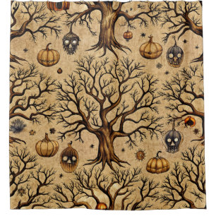 Rideaux De Douche Arbres vintages et lanternes Citrouilles Motif