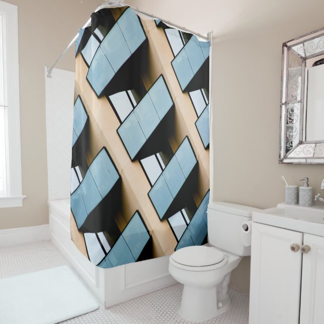 Rideaux De Douche Architecture abstraite beige et bleue (En situation)