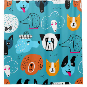 Rideaux De Douche Arrière - plan bleu, Motif de chien joueur.