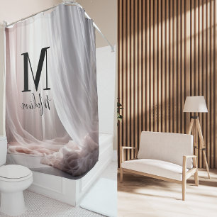 Rideaux De Douche Arrière-plan en soie rose Monogramme noir Script m