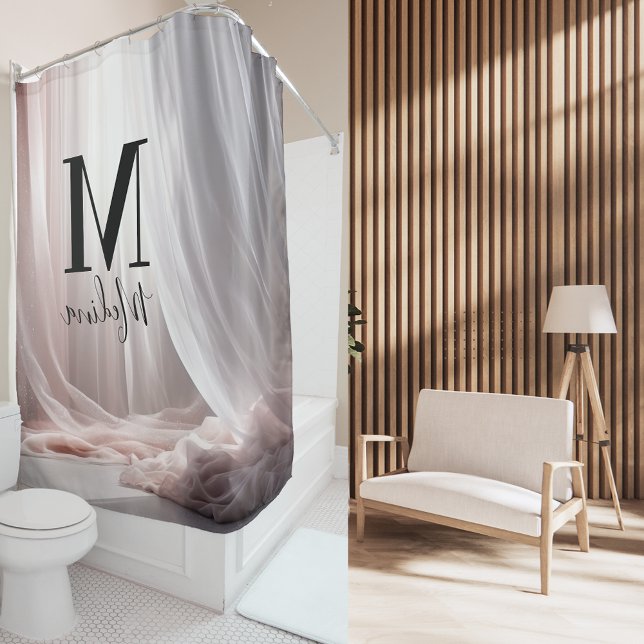 Rideaux De Douche Arrière-plan en soie rose Monogramme noir Script m (Créateur téléchargé)