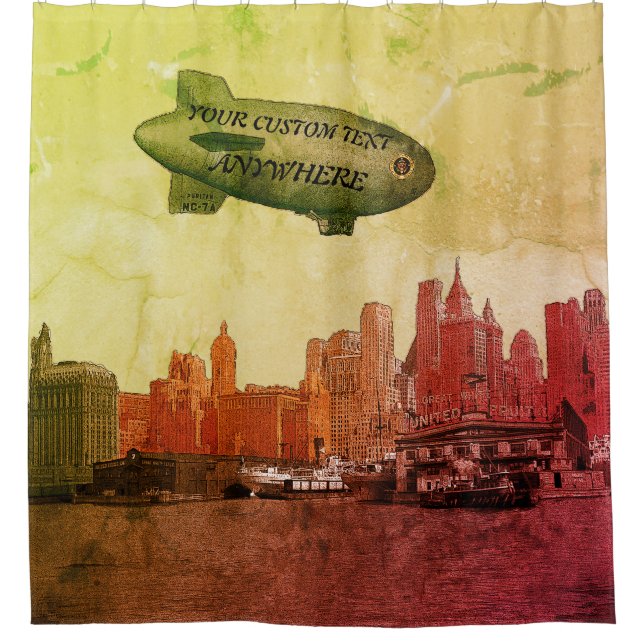 RIDEAUX DE DOUCHE ART 1930'S BLIMP NEW YORK CITY SKYLINE VOTRE TEXTE (Devant)