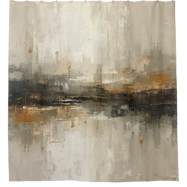 Rideaux De Douche Art Abstrait Beige Noir Gris Orange Brûlé Rustique (Devant)