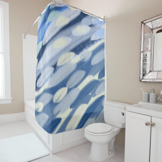 Rideaux De Douche Art abstrait bleu et blanc  (En situation)