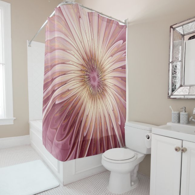 Rideaux De Douche Art Abstrait Fractal Fleur & Tons de Bourgogne (En situation)