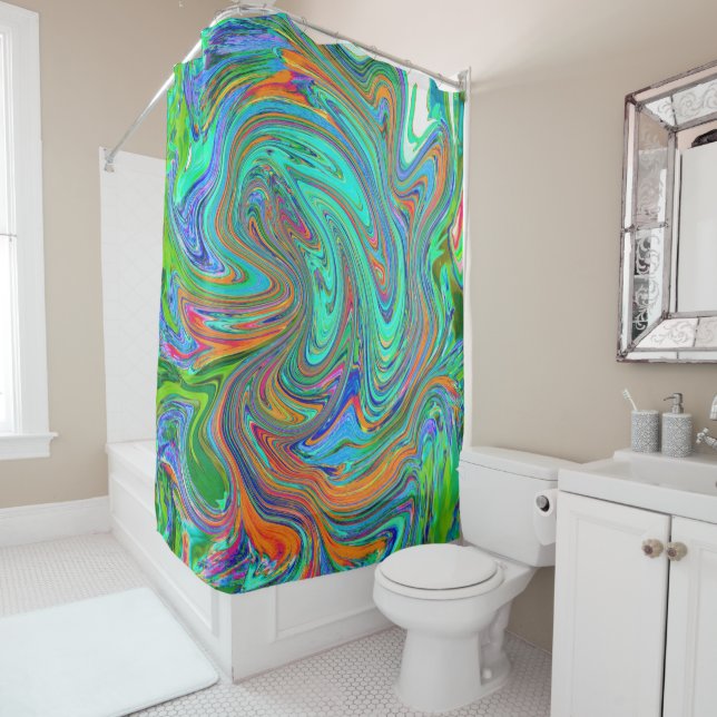 Rideaux De Douche Art abstrait rétro groovy Aqua, Orange et Vert (En situation)