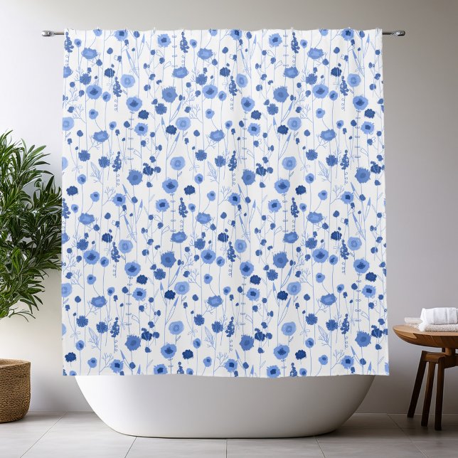 Rideaux De Douche Art botanique de fleurs sauvages bleu blanc (Blue and white wildflower art shower curtain)