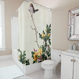 Rideaux De Douche Art de la chinoiserie vintage rose jaune et oiseau