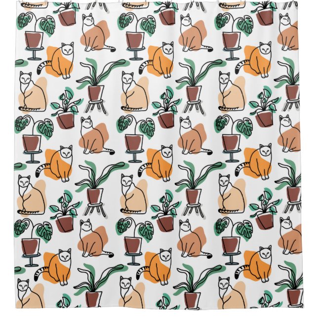 Rideaux De Douche Art de trait dessin chats et fleurs (Devant)