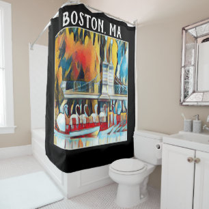 Rideaux De Douche Art Déco Boston Swan Boats sur arrière - plan noir