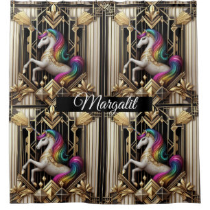 Rideaux De Douche Art Déco Licorne Arc-en-Ciel Faux Paillettes Nom P