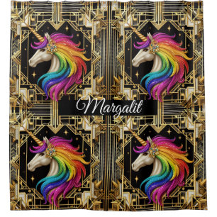 Rideaux De Douche Art Déco Licorne Arc-en-Ciel Faux Paillettes Nom P