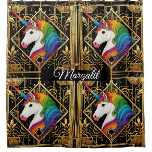 Rideaux De Douche Art Déco Licorne Fausse Paillettes Arc-en-Ciel Nom