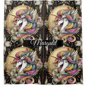 Rideaux De Douche Art Déco Licorne Fausse Paillettes Arc-en-Ciel Nom
