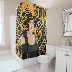 Rideaux De Douche Art déco, or, noir, 1920, Gatsby, chic, motif,