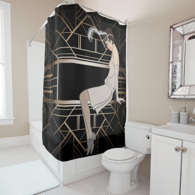 Rideaux De Douche art déco, or, noir, 1920, Gatsby, chic, motif, gir (En situation)