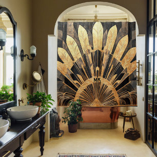 Rideaux De Douche Art Déco Or Noir Votre Monogramme Sunburst Motif