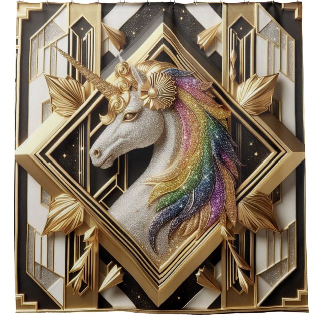 Rideaux De Douche Art Deco Rainbow Faux Glitter Unicorn (Devant)