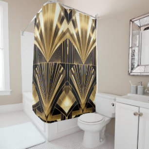Rideaux De Douche Art Déco Soleil Éclaté Noir Or Géométrique Luxe