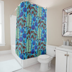 Rideaux De Douche Art floral bleu et vert maximaliste vibrant