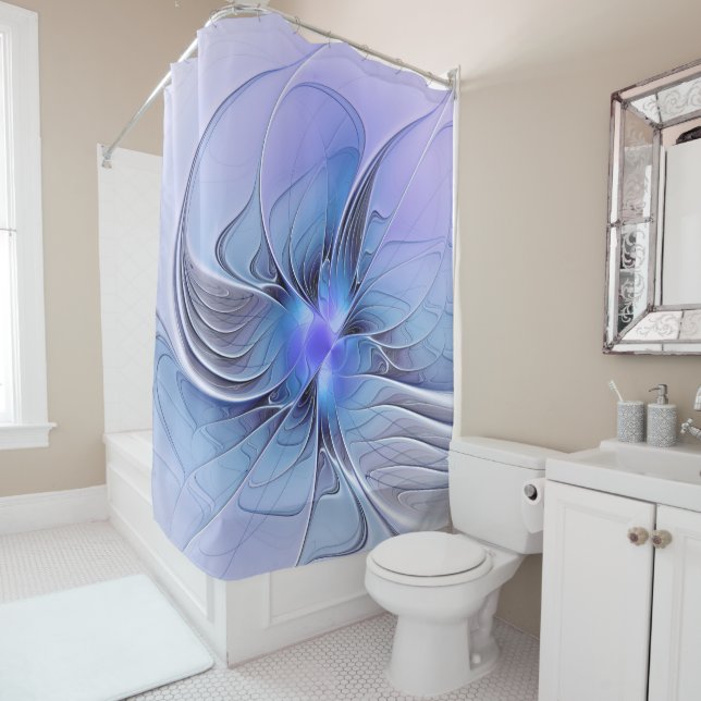 Rideaux De Douche Art fractal moderne abstrait bleu lavande (En situation)