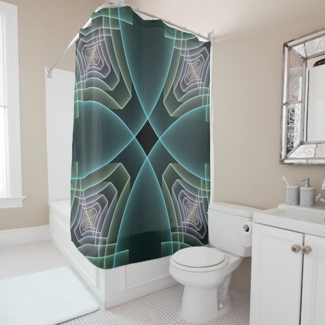 Rideaux De Douche Art graphique géométrique fractal sarcelle moderne (En situation)