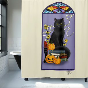Rideaux De Douche Art Nouveau Chat Noir Citrouille Violet Automne Ja