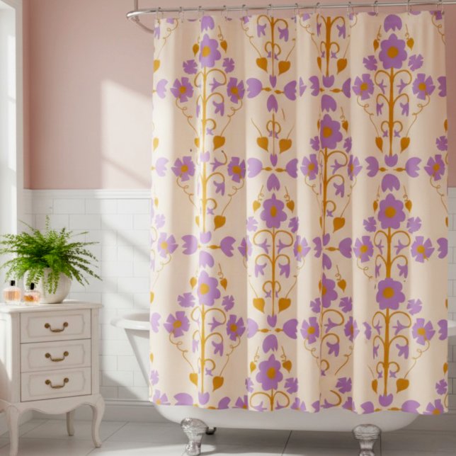 Rideaux De Douche Art Nouveau Floral En Crème & Pourpre Douce (A splash of personality for your daily unwind. Soft pastel colors are sure to calm and sooth you.)