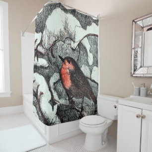 Rideaux De Douche Art nouveau néerlandais Robin Bird en hiver