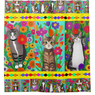 Rideaux De Douche Art populaire style fantaisiste chat et fleurs
