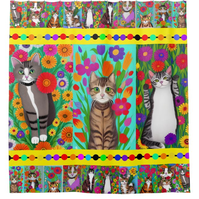 Rideaux De Douche Art populaire style fantaisiste chat et fleurs (Devant)