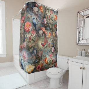 Rideaux De Douche Art surréaliste avec fleurs et oiseaux