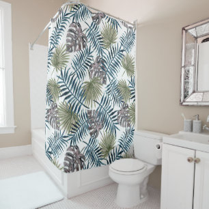 Rideaux De Douche Art vert mauve tropical d'aquarelle de palmettes