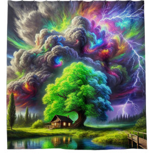 Rideaux De Douche Artsy Tree and Sunset Scene