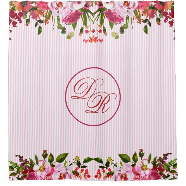 RIDEAUX DE DOUCHE ASSEZ EN ROSE MONOGRAMME FLORAL ET DES STRIPES TRO (Devant)