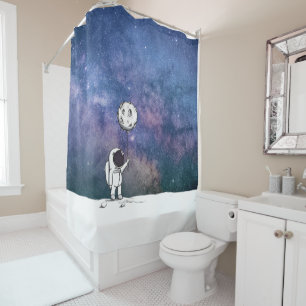 Rideaux De Douche Astronaute dans l'espace avec ballon lunaire cosmo