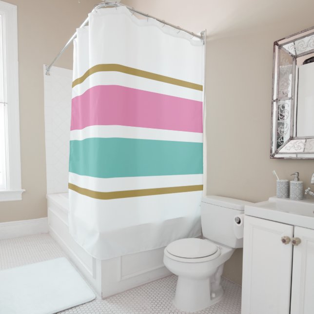 Rideaux De Douche Athletic Retro Aqua Pink Racing Stripes Sur Blanc (En situation)