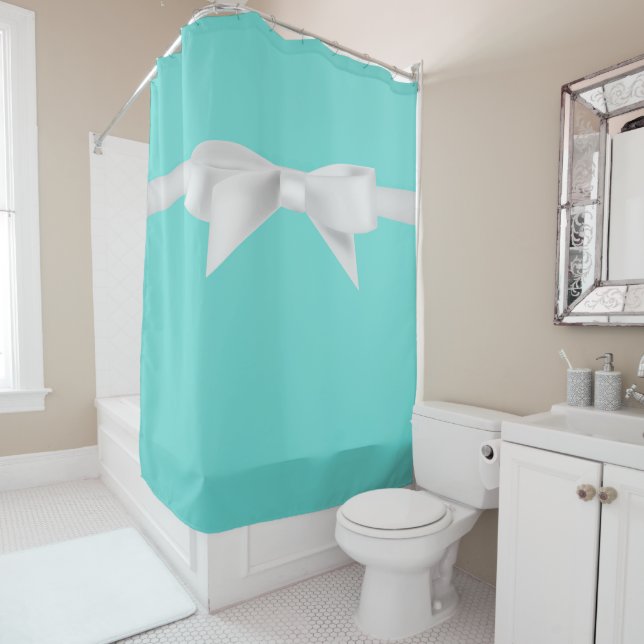 Rideaux De Douche Audrey Teal White Bow Modern Glam (En situation)