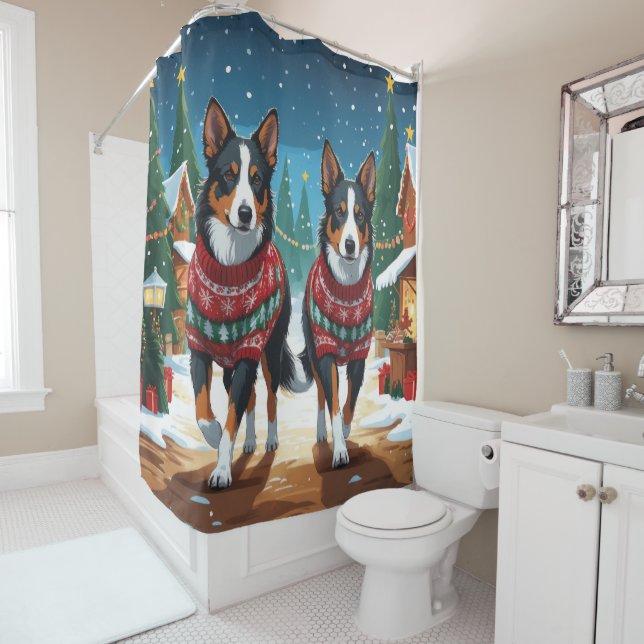 Rideaux De Douche Australian Kelpie Dogs Christmas Snow Holiday (En situation)