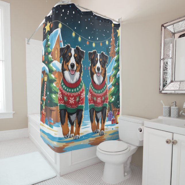 Rideaux De Douche Australian Shepherd Dogs Christmas Snow Holiday (En situation)