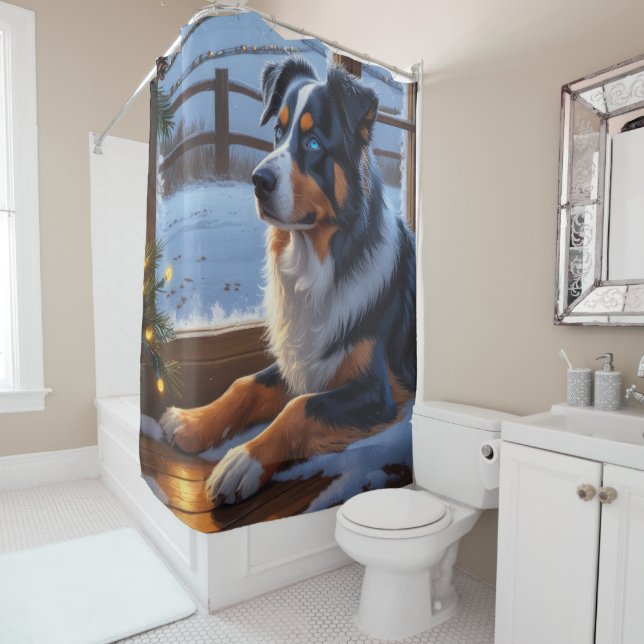 Rideaux De Douche Australian Shepherd With Christmas Lights Holiday (En situation)