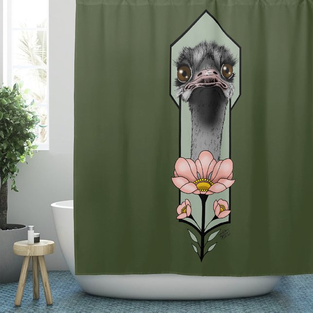 Rideaux De Douche Autruche Rose Fleurs Vert Olive Art Déco (Créateur téléchargé)