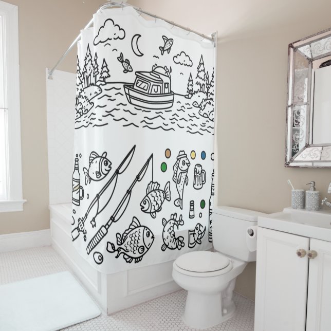 Rideaux De Douche Aventure de pêche amusante Doodle Art (En situation)