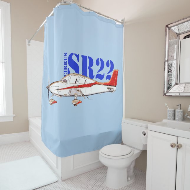 Rideaux De Douche Avion Cirrus SR22 stylisé avec typographie grasse (En situation)