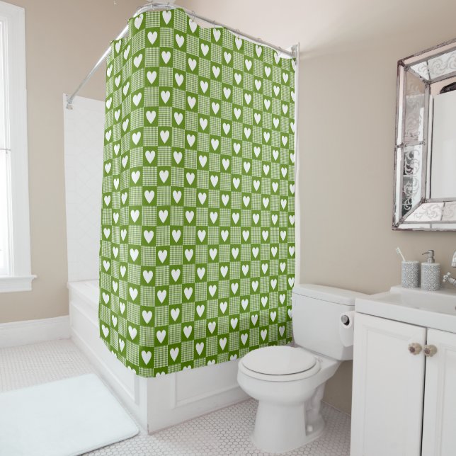 Rideaux De Douche Avocado Green Gingham Heart Patch Plaid (En situation)