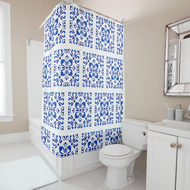 Rideaux De Douche Azure Arabesque Floral Geometry Elegant Coastal (En situation)