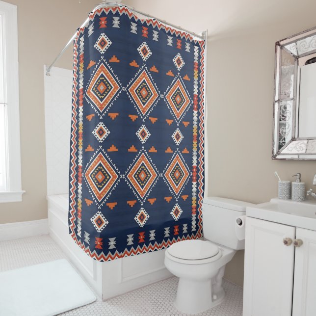 Rideaux De Douche Azure Navy and Terracotta Geometric Tribal (En situation)